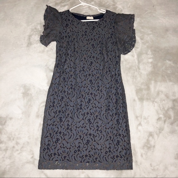 Grey/Blue Lace Dress Flutter Short Sleeve Midi - Picture 1 of 10